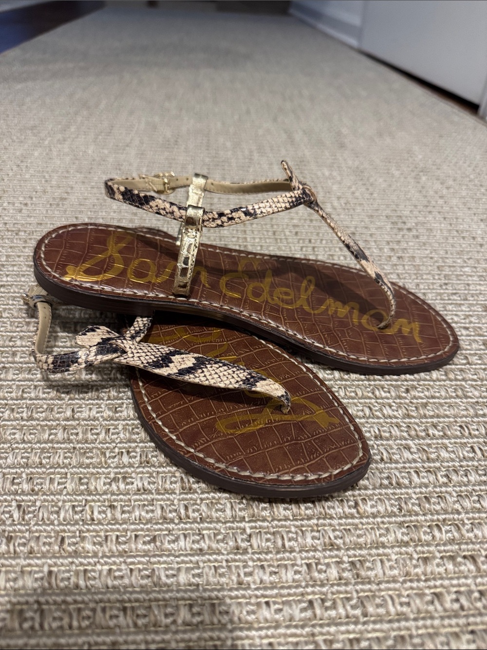 Sam Edelman Snake-Print T-Strap Sandals with Gold Accent